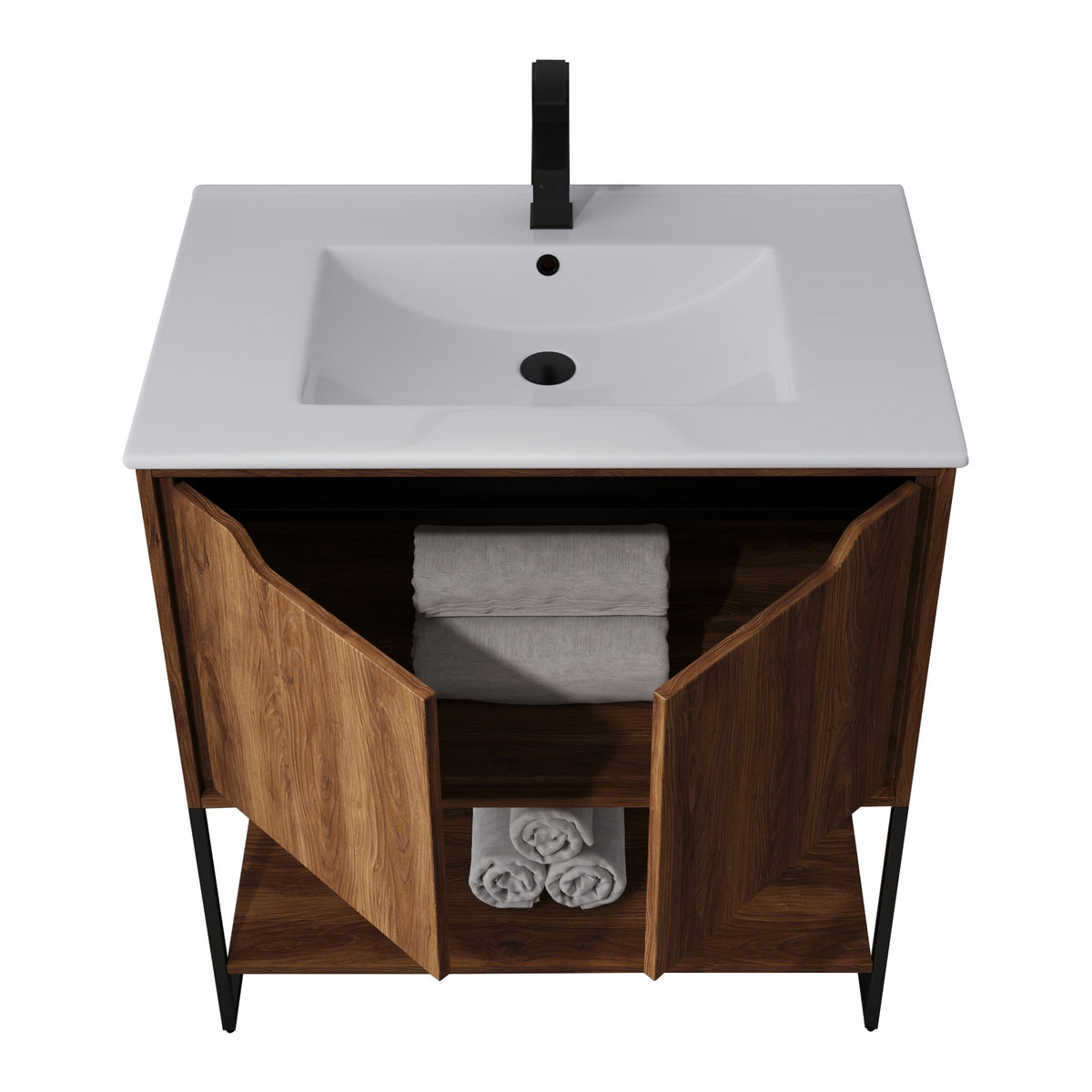 Skyline™ Bathroom Vanity 30" Brown Walnut – doors open