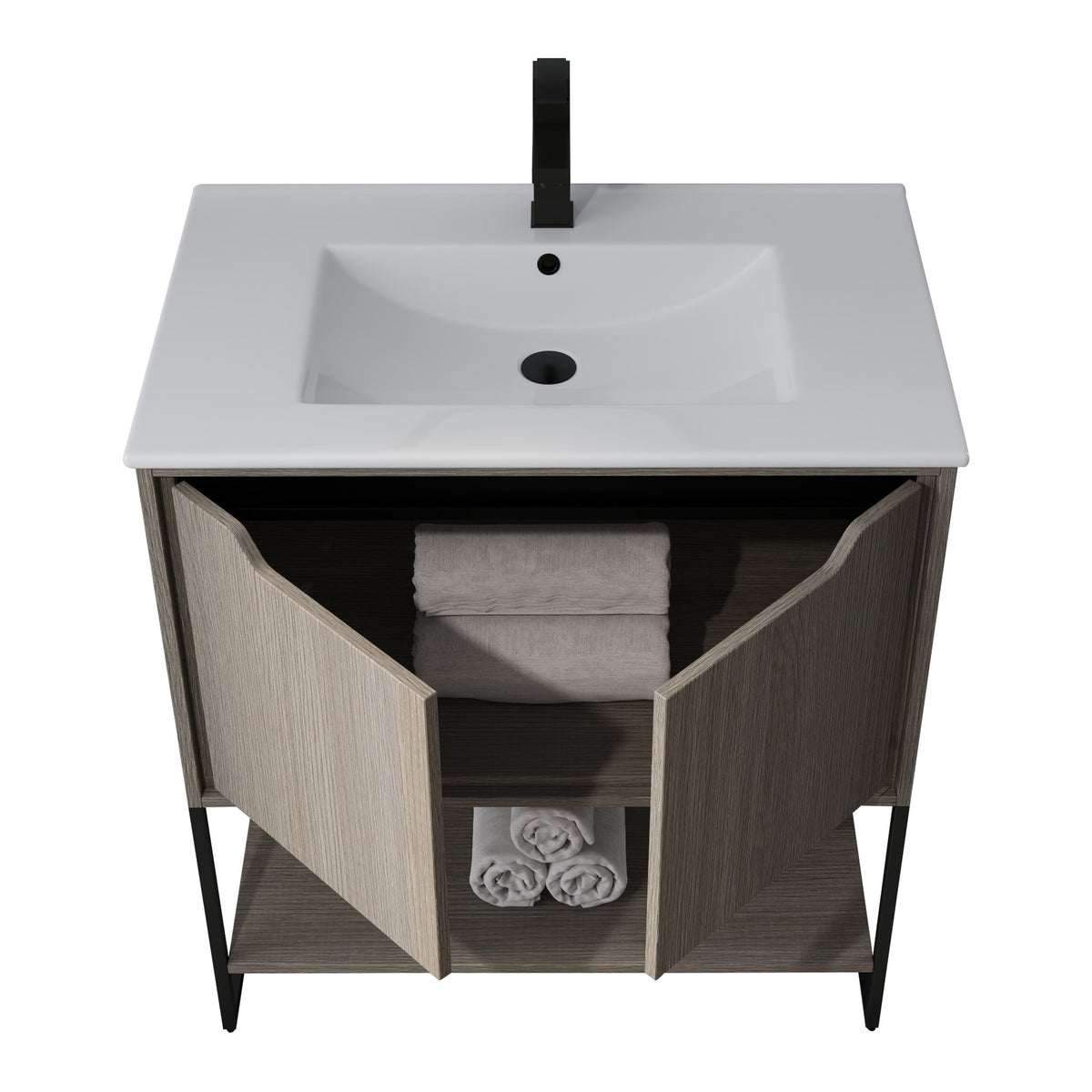 Skyline™ Bathroom Vanity 30" Grey Ashtree – doors open