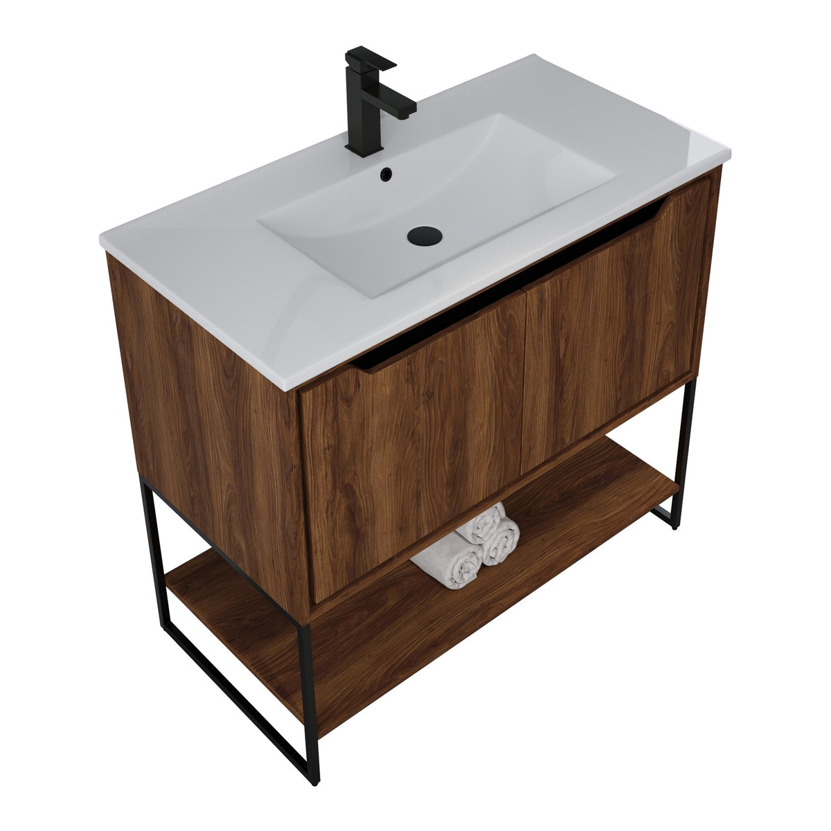 Skyline™ Bathroom Vanity 36" Brown Walnut – top angled view, other side