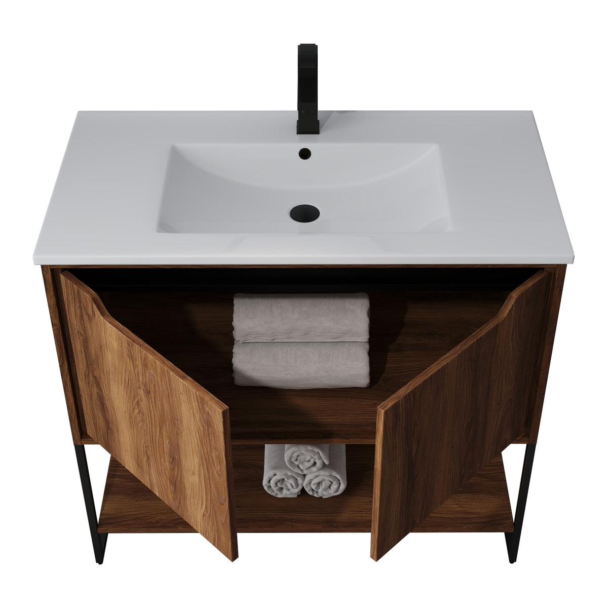 Skyline™ Bathroom Vanity 36" Brown Walnut – doors open