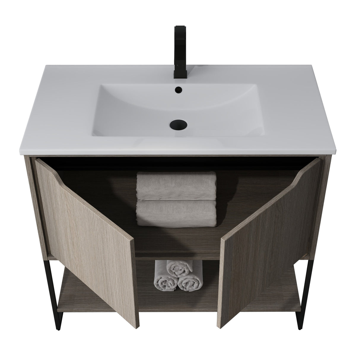 Skyline™ Bathroom Vanity 36" Grey Ashtree – doors open