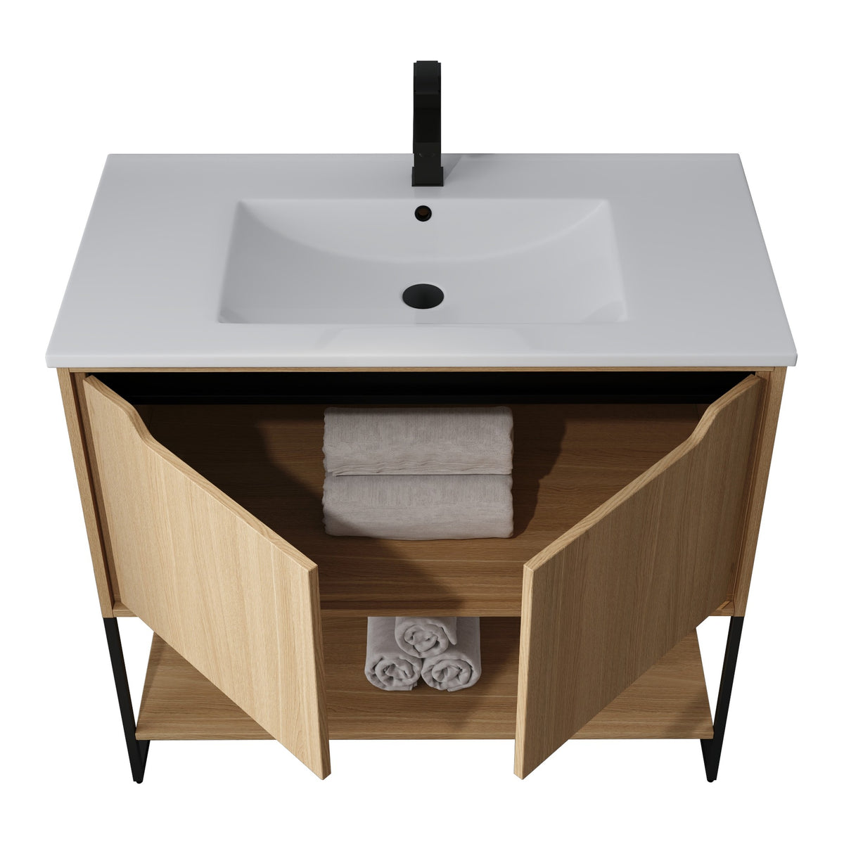 Skyline™ Bathroom Vanity 36" Natural Oak – doors open