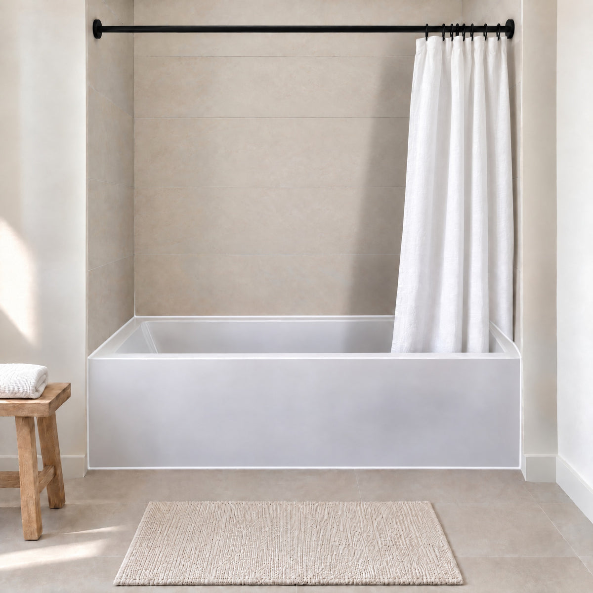 60" Fixed Shower Rod, Matte Black, installed over a bathtub
