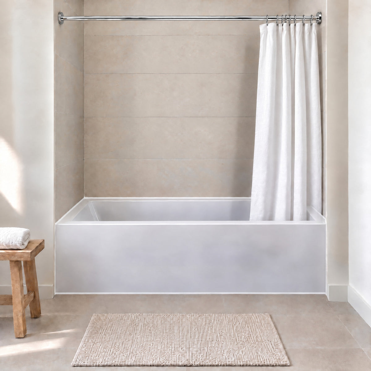 60" Fixed Shower Rod, Polished Chrome, installed over a bathtub