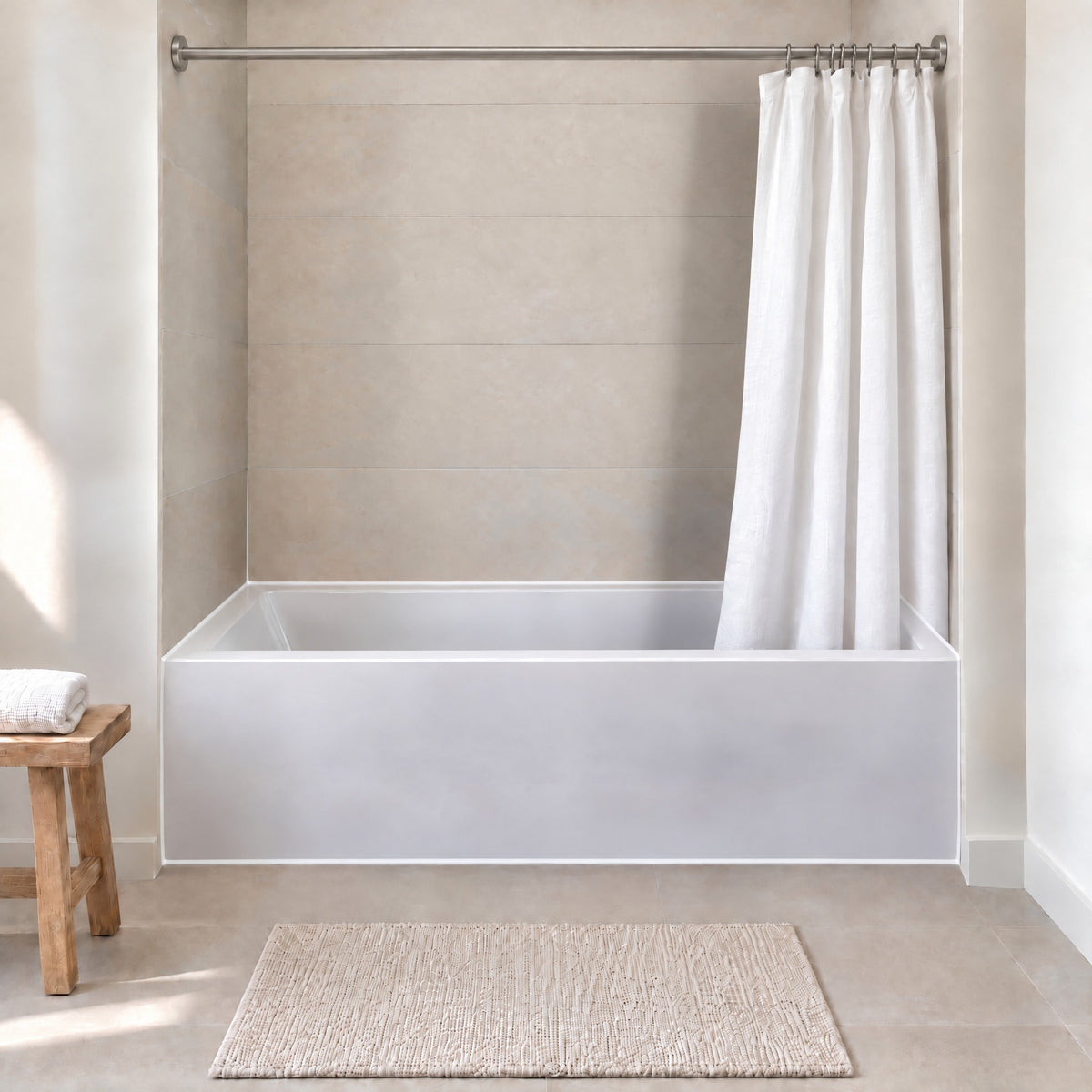 60" Fixed Shower Rod, Brushed Nickel, installed over a bathtub
