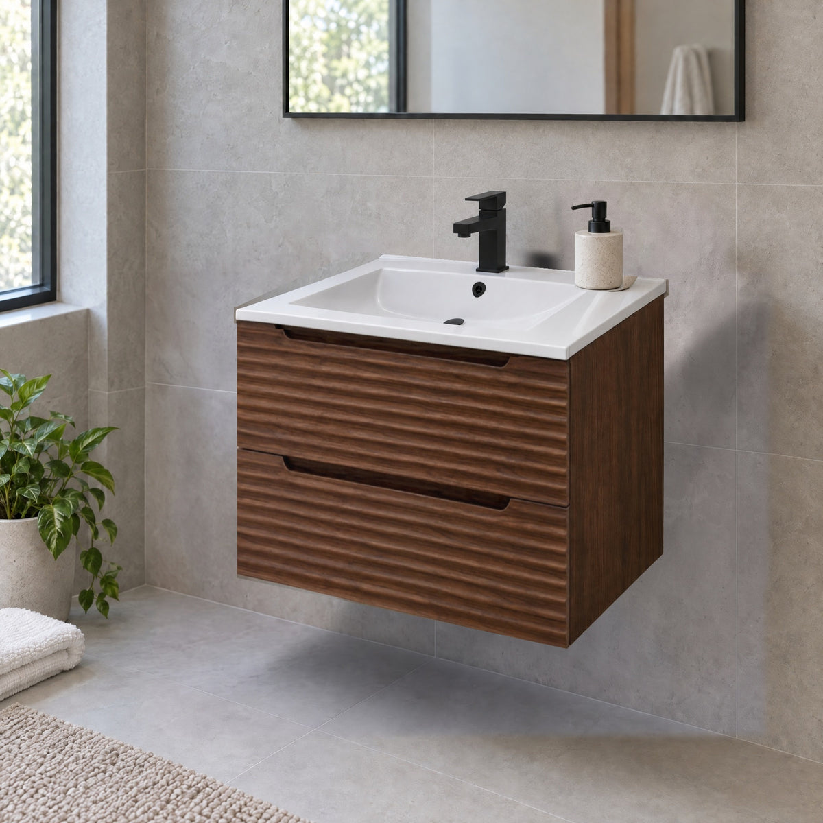 Amalfi™ Wall-Mount Bathroom Vanity 24" Walnut – in a bathroom