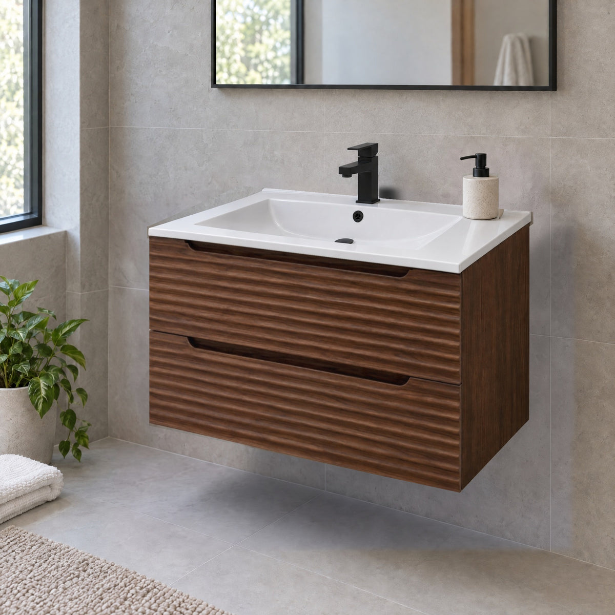 Amalfi™ Wall-Mount Bathroom Vanity 30" Walnut – in a bathroom