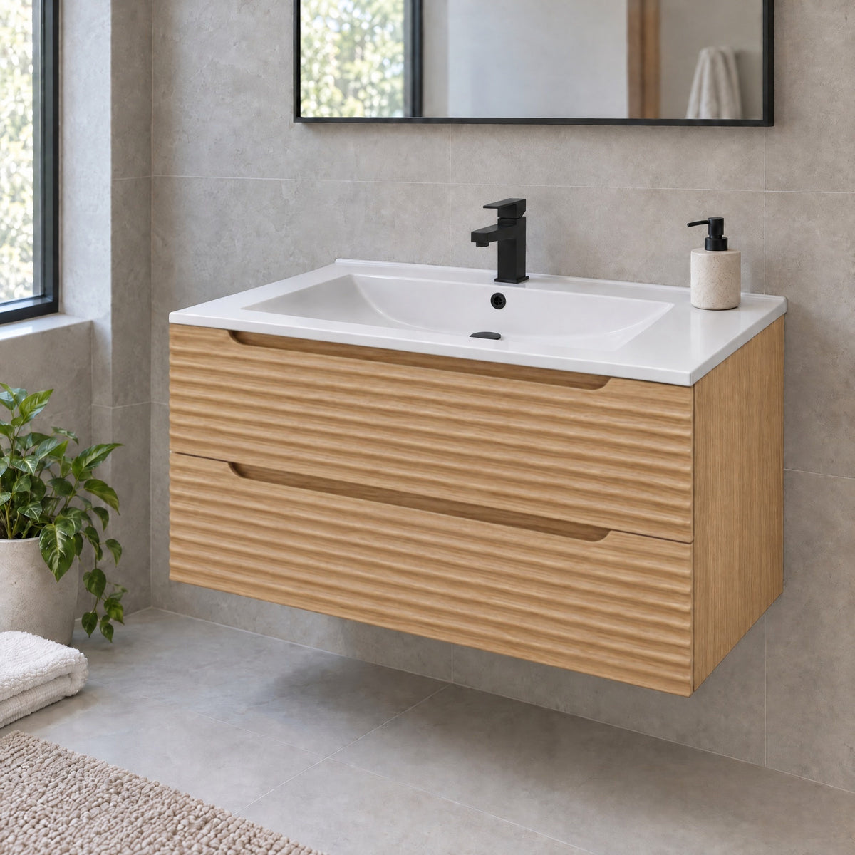 Amalfi™ Wall-Mount Bathroom Vanity 36" Natural Oak – in a bathroom