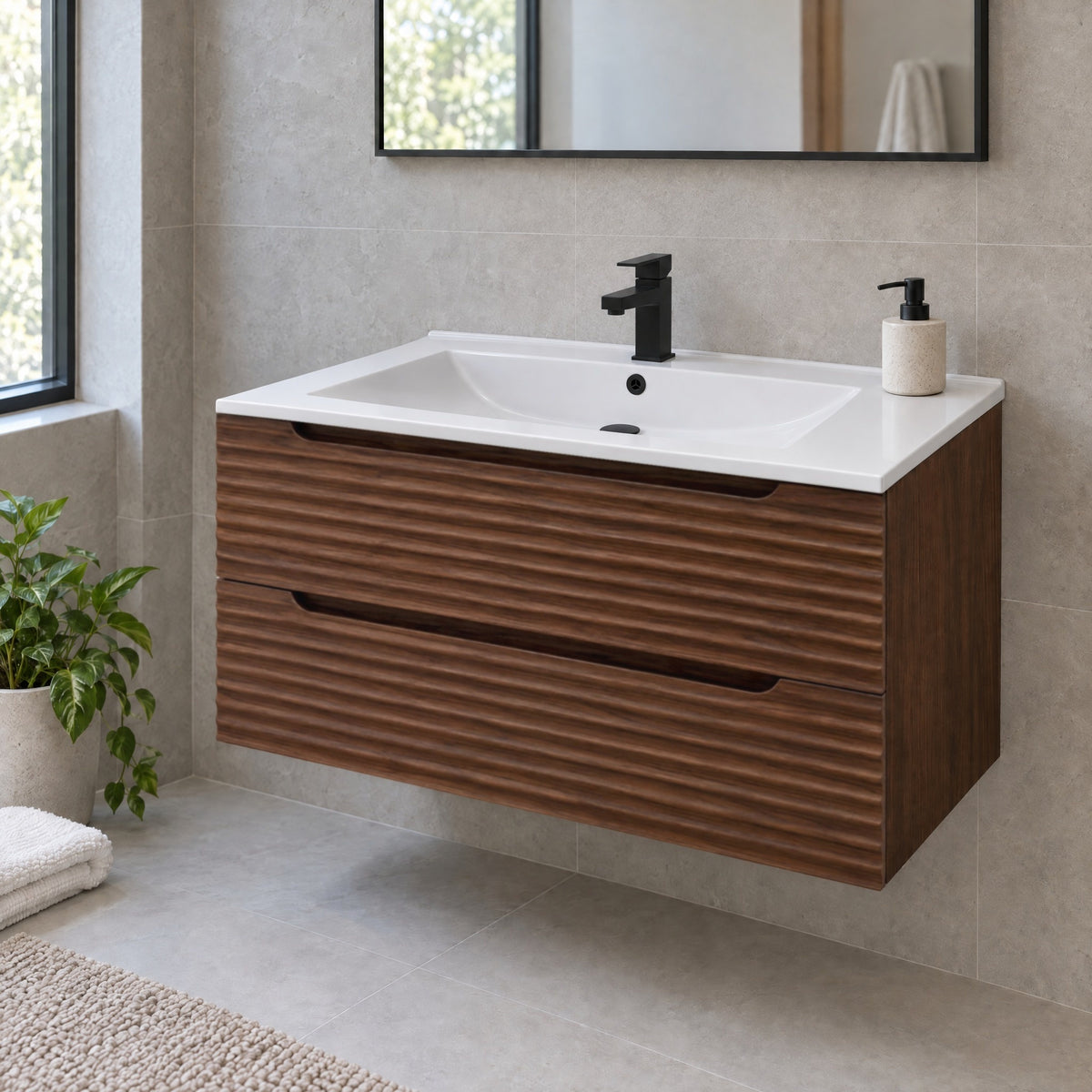 Amalfi™ Wall-Mount Bathroom Vanity 36" Walnut – in a bathroom